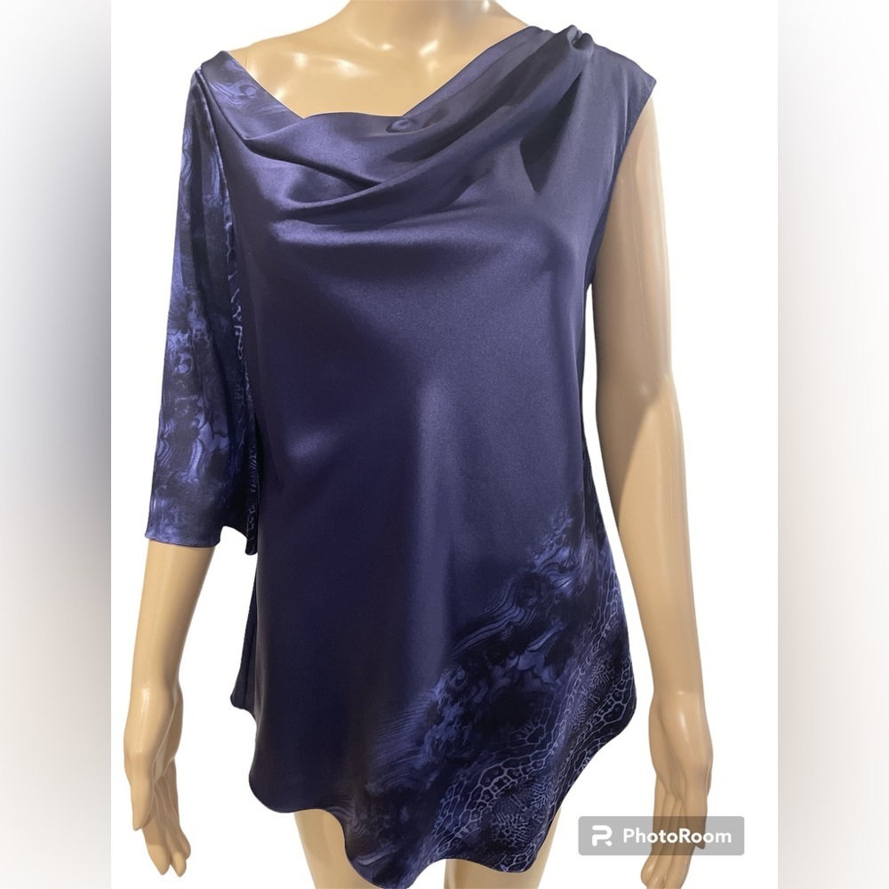 Elie Tahari Navy Satin Asymmetric Draped Blouse